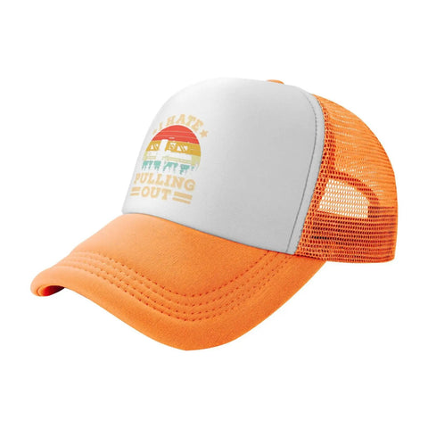 Hilarious I Hate Pulling Out Camper Hat For RV And Camping Trips Mesh Trucker Cap in orange and white, side view.