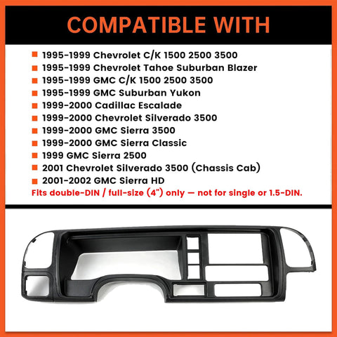 ECOTRIC double-DIN dash panel bezel in black for 1995–2002 GMC Sierra/Chevy Silverado full-size trucks, console openings.