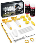 Easy Hydraulic Disc Brake Bleed Kit For MTB Brakes That Works With Shimano Tektro TRP Transparent Funnel Mineral Oil Brake Fluid Two 60ml Bottles Leak Free Syringe Step By Step Bleeding Guide For Smooth Stopping showing contents with two syringes, mineral oil bottles, and accessories.