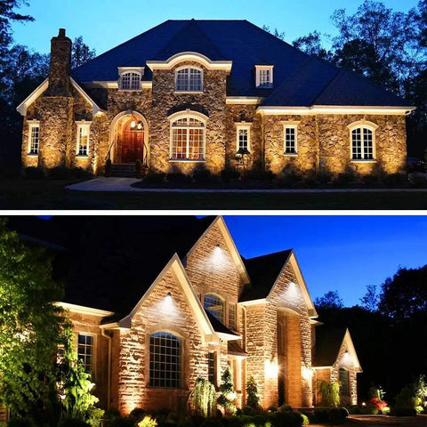 Low Voltage 5W LED Landscape Lights Warm White 12V 24V Waterproof Outdoor Spotlights illuminating a large stone house