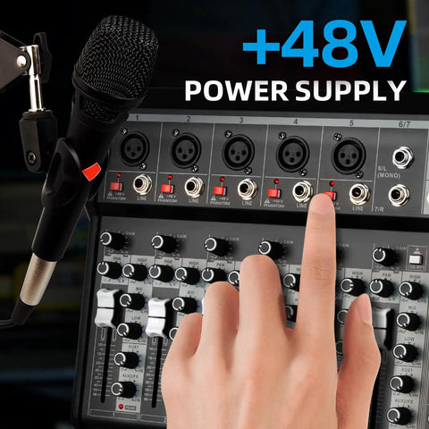 Hand adjusting 7 Channel Audio Mixer With Bluetooth Interface 16 Bit DSP Effects 48V Phantom Power