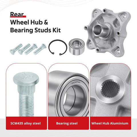Rear Wheel Hub And Bearing Studs Kit For Polaris ATV And SxS RZR 800 And Sportsman Series with parts layout including hub, studs, bearing, and ring.