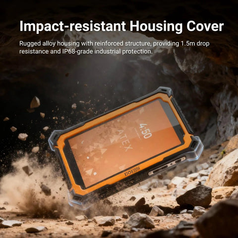 Industrial Grade Explosion Proof 7 Inch Android Tablet For Hazardous Areas Zone 2 ATEX Intrinsically Safe Petrochemical Worksite With 2200 Nits Ultra Bright Display IP68 Waterproof NFC Octa Core WiFi Tough As Nails HUGEROCK T71EX showing impact-resistant housing cover
