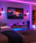 2 Pack Rechargeable Vintage Wooden Wall Sconces RGB Battery Operated Lights illuminating a stylish living room design.
