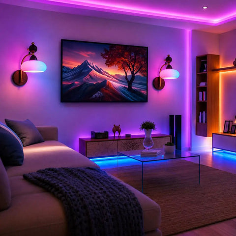 2 Pack Rechargeable Vintage Wooden Wall Sconces RGB Battery Operated Lights illuminating a stylish living room design.