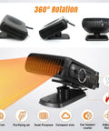 200W 12V Car Heater And Cooler Plugs Right Into Your Cigarette Lighter For Snappy Windshield Defrost And Anti Fog Visibility image showing 360° swivel head and air flow.