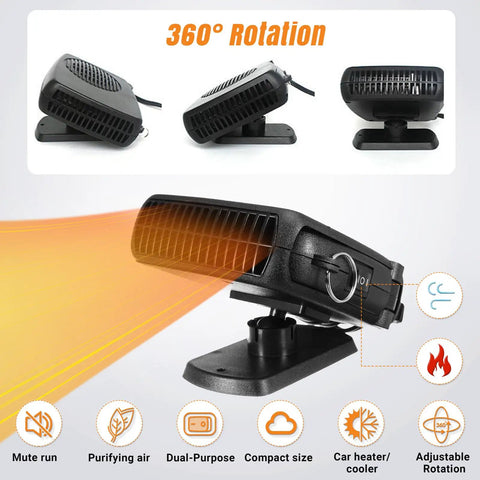 200W 12V Car Heater And Cooler Plugs Right Into Your Cigarette Lighter For Snappy Windshield Defrost And Anti Fog Visibility image showing 360° swivel head and air flow.