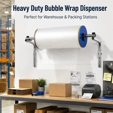 Heavy Duty Wall Mount Bubble Wrap Dispenser for efficient packing at shipping stations, showcasing galvanized steel construction.