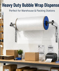 Rocksolid Wall Mount Bubble Wrap Dispenser Boasting Ridiculously Tough Galvanized Steel Build Heavy Duty Cushioning Film Holder For Zero Hassle Warehouse Packing Stations mounted on wall with bubble wrap roll.
