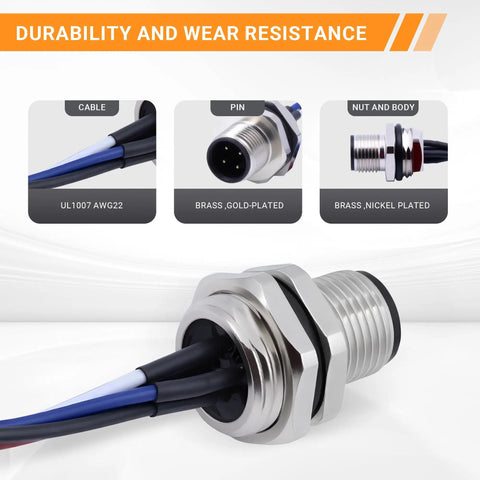 M12 4 Pin Aviation Connector Cable 0.2m waterproof IP67, brass gold-plated pins, nickel-plated body, industrial use