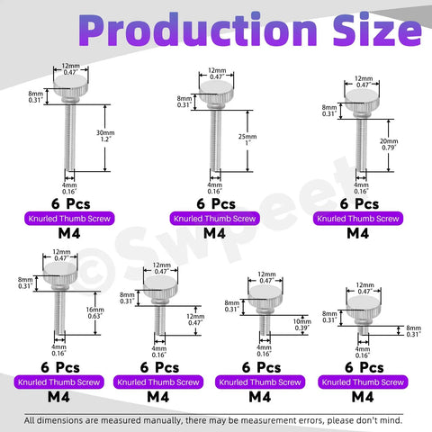 Hella Secure M4 Knurled Thumb Screws Assortment Kit With Nickel Plated Flat Heads in six sizes and dimensions displayed.