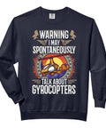 Gyrocopter Enthusiast Sweatshirt for Pilots and Rotorcraft Fans with gyrocopter graphic and text on black crewneck.