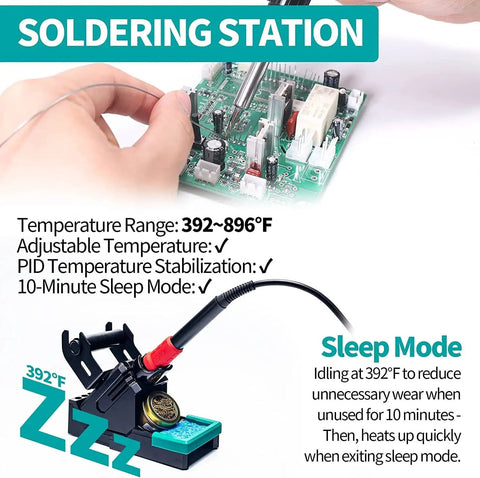Soldering circuit board with 2-In-1 Soldering Station With Built-In Fume Extractor And 110W Iron, temperature details displayed