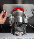 Solid As A Rock Aluminum Router Lift With Slick Quick Raise Lever and Hella Precise Crank Micro Adjustments for Four Point Two Inch Routers shown with thumbwheels securing QuickLift.