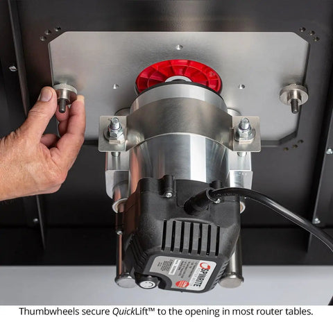Solid As A Rock Aluminum Router Lift With Slick Quick Raise Lever and Hella Precise Crank Micro Adjustments for Four Point Two Inch Routers shown with thumbwheels securing QuickLift.