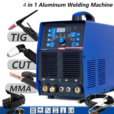 4 in 1 aluminum welding machine with TIG, cut, and MMA functions, featuring large LED display and remote pedal control