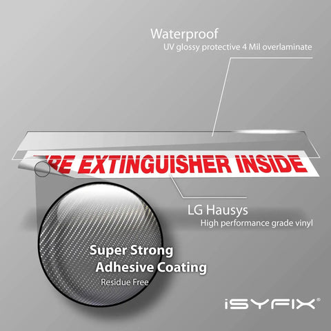 Detail view of Fire Extinguisher Inside Sticker Sign 4 Pack 9 By 1.7 Inch Laminated Vinyl Peel And Stick Indoor And Outdoor Weatherproof UV Resistant