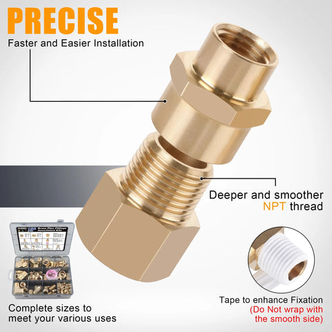 Brass pipe fittings assortment kit, 156 pcs, with NPT adapters and hex fittings