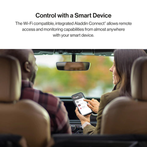 Two people in a car using a smartphone to control a WiFi Enabled Smartphone Garage Door Controller Lets You Monitor Open And Close Your Door From Anywhere With iPhone Or Android, Works With Alexa And Google Assistant For Hands Free Smart Home Control.