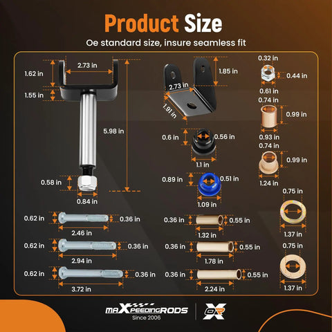 Product size chart for Heavy Duty Front And Rear Suspension Bushing Kit For 1993 Onward Club Car Ds Golf Carts.