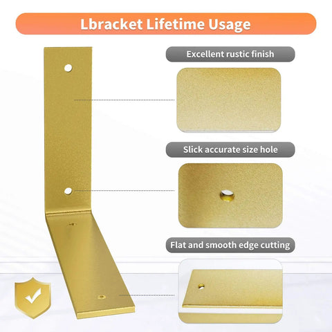 Heavy Duty 6 Inch L Shelf Brackets In Rustic Gold Iron with smooth edges and accurate holes for industrial shelves