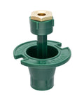 No Fuss Premium 10 Pack Plastic Flush Pop Up Sprinkler Heads With Bombproof Brass Full Spray Nozzle showing green plastic base and brass nozzle.
