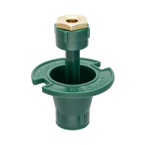 No Fuss Premium 10 Pack Plastic Flush Pop Up Sprinkler Heads With Bombproof Brass Full Spray Nozzle showing green plastic base and brass nozzle.