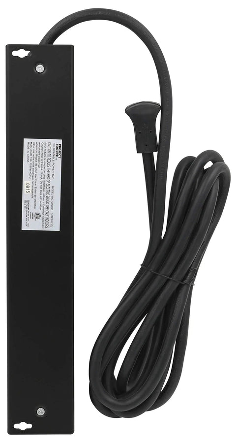 Six Outlet Metal Power Strip With Ten Foot Cord Built In Circuit Breaker Protects Against Overloads Lighted On Off Switch Slim Plug Lets Furniture Sit Closer To Wall Two Wide Spaced Outlets For Transformer Plugs, black metal housing, long cable