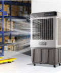 Industrial Grade Heavy Duty Evaporative Swamp Cooler With Remote And 12 Hour Timer in warehouse with air motion.