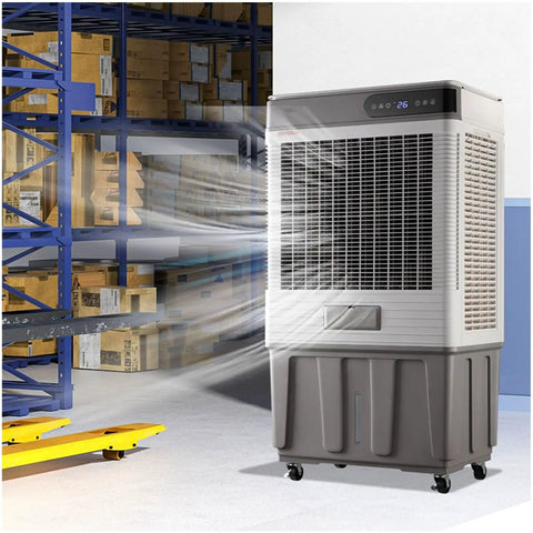 Industrial Grade Heavy Duty Evaporative Swamp Cooler With Remote And 12 Hour Timer in warehouse with air motion.