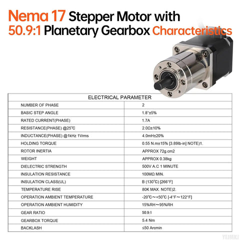 Geared Nema 17 Stepper Motor With Integrated Planetary Gearbox 2 Phase 1.8 Degree Step 0.55 Nm High Torque