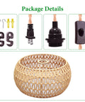 Package details for Real Deal Plug In Pendant Light Featuring Woven Rattan Shade and Hassle Free On Off Switch, includes rattan shade, cord, and hardware.
