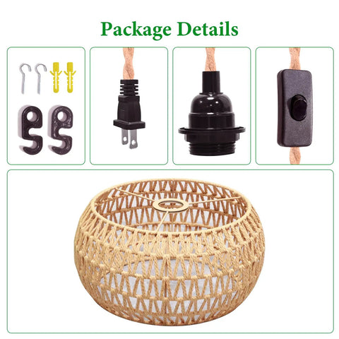 Package details for Real Deal Plug In Pendant Light Featuring Woven Rattan Shade and Hassle Free On Off Switch, includes rattan shade, cord, and hardware.
