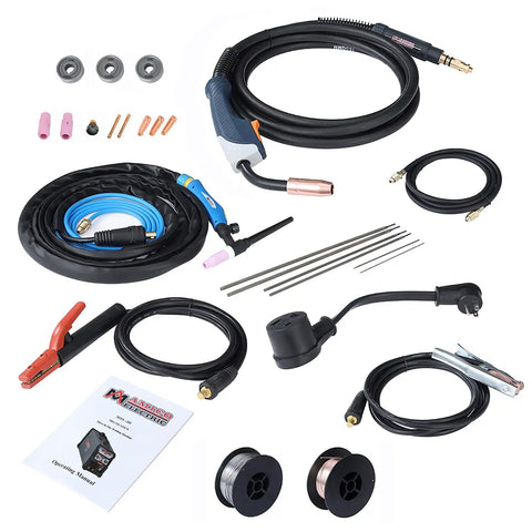 Welding accessories for 205 Amp All In One MIG TIG Stick Arc Welder Dual Voltage 110V And 230V, including cables and spools.
