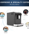 No Sweat Fully Automatic Espresso Machine One Touch Operation with LCD touchscreen and coffee recipes menu image.