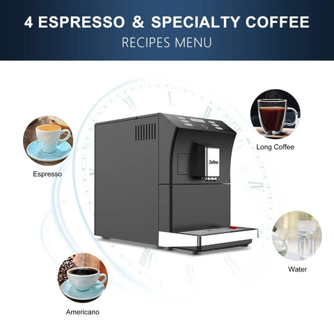 No Sweat Fully Automatic Espresso Machine One Touch Operation with LCD touchscreen and coffee recipes menu image.