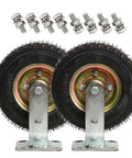 Heavy Duty Swivel Casters Pneumatic Inflatable Rubber Trolley Wheels Two Pack Shock Absorbing with mounting bolts and steel plate.