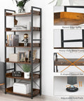 Five Tier Industrial Bookshelf With Four Hooks Built Tough Anti Tip Raised Edge Open Storage For Books Plants Decor Keeps Clutter Off The Floor And Tidy Living Space with metal frame and shelves displaying books and decor items.