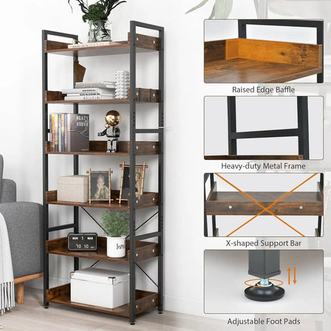 Five Tier Industrial Bookshelf With Four Hooks Built Tough Anti Tip Raised Edge Open Storage For Books Plants Decor Keeps Clutter Off The Floor And Tidy Living Space with metal frame and shelves displaying books and decor items.