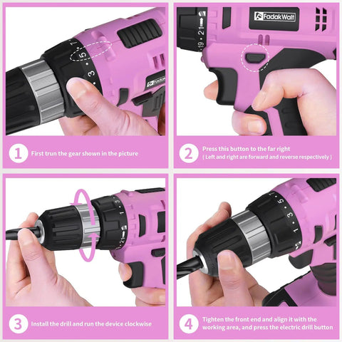 Pink Go To Cordless Drill Kit With 20V Battery And Charger 30 Nm Torque 21 Plus 1 Clutch Three Eighths Inch Keyless Chuck in use