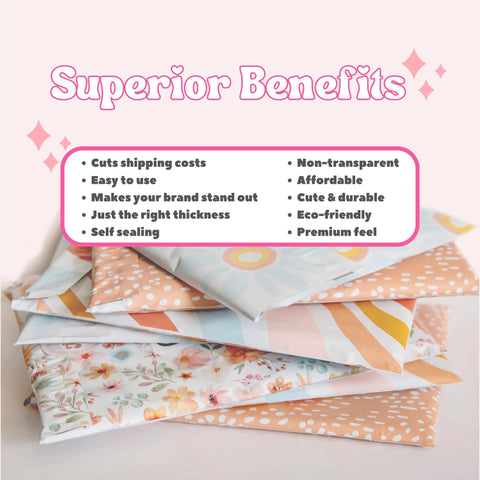Stack of Boho Poly Mailers 10x13 Inch 100 Pack Bundle for Small Businesses with floral and geometric designs and benefits list