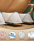 Man setting up Pop Up Mosquito Net Bed Tent With Head Net And Drawstring Backpack, No Assembly, Blue 78 x 31 x 22 Inch, Double Zipper
