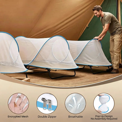 Man setting up Pop Up Mosquito Net Bed Tent With Head Net And Drawstring Backpack, No Assembly, Blue 78 x 31 x 22 Inch, Double Zipper