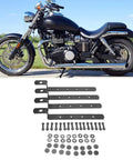 Rugged Iron Side Case Mounting Brackets Kit For Motorcycles with hardware on display, shown with a black cruiser bike, 53x35x215mm.