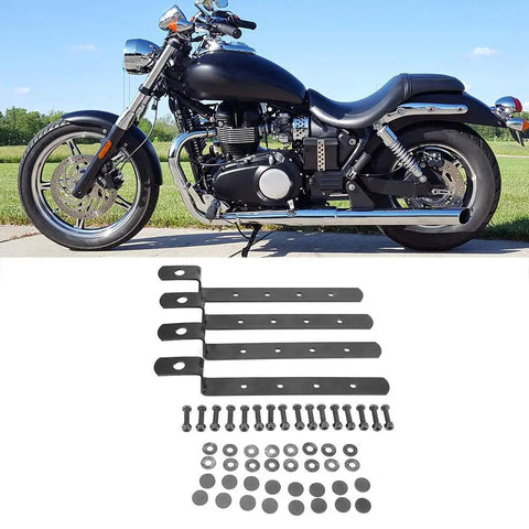 Rugged Iron Side Case Mounting Brackets Kit For Motorcycles with hardware on display, shown with a black cruiser bike, 53x35x215mm.