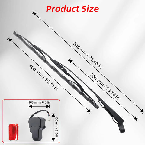 Product size diagram of the Badass 165 Degree UTV Windshield Wiper Kit With Reinforced Metal Arm And Tough Rubber Blade.