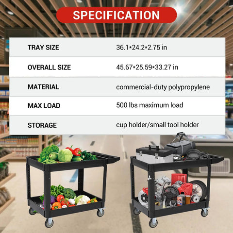 Rock Solid Heavy Duty Two Shelf Foldable Utility Cart With 500 Pound Capacity And Smooth Rolling Casters That Glide Like A Dream For Garage Warehouse Tool Storage Jobs