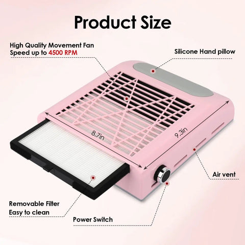 Pro Grade Nail Dust Collector For Acrylic Nails Vacuum Machine 4500RPM Adjustable Electric Nail Filter with removable filter and power switch