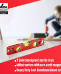 Rock Hard Professional Grade Cast Aluminum Torpedo Level With Magnetic Dual View Plumb Vial For Quick And Dirty Measuring And Tight Drywall Joint Layouts On Site, red color with vials.