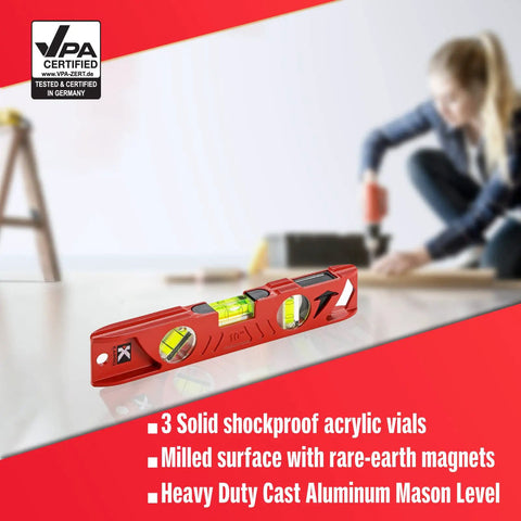 Rock Hard Professional Grade Cast Aluminum Torpedo Level With Magnetic Dual View Plumb Vial For Quick And Dirty Measuring And Tight Drywall Joint Layouts On Site, red color with vials.